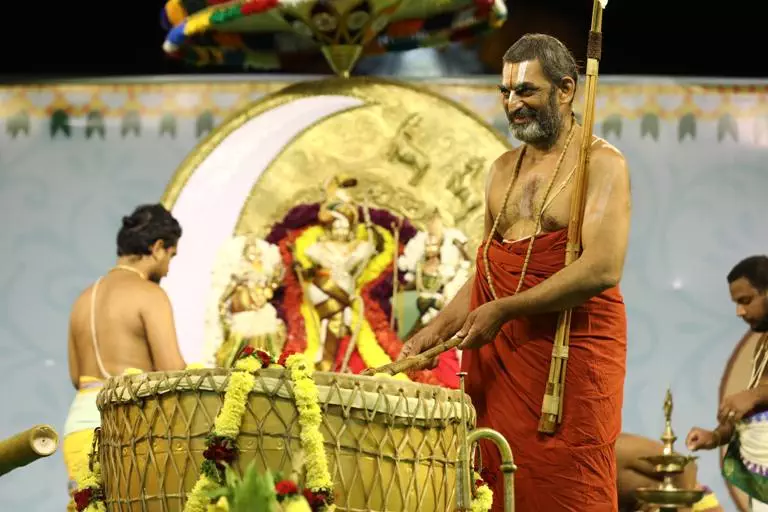 HH Chinna Jeeyar Swamiji playing drums in Samatha Kumbh 2023